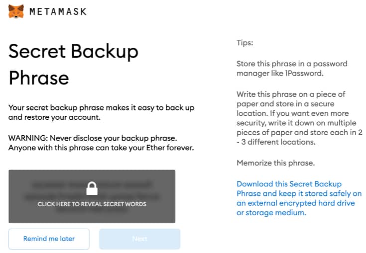 MetaMask seed phrase management screen